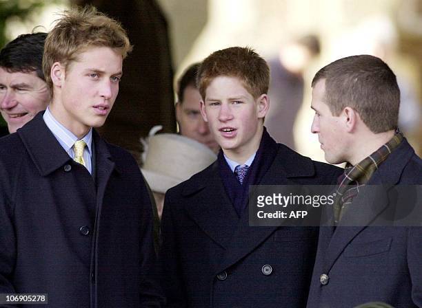 Prince William, his brother Prince Harry and Peter Phillips, son of the Princess Royal, leave St Mary Magdalene Church after Britain's royal family...
