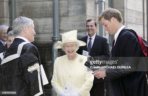 Britain's Queen Elizabeth II stands next to Prince William after his graduation ceremony at St Andrews, Scotland, 23 June 2005. Prince William, the...
