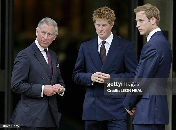 Britain's Prince Charles and his two sons Prince Harry and Prince William arrive for the Service of Thanksgiving for the life of Diana, Princess of...