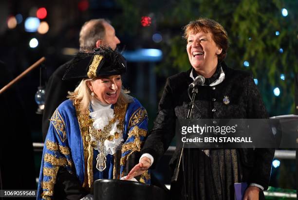 The Lord Mayor of Westminster, Lindsey Hall and Oslo's Mayor, Marianne Borgen turn the lights of the Trafalgar Christmas tree on in the annual...