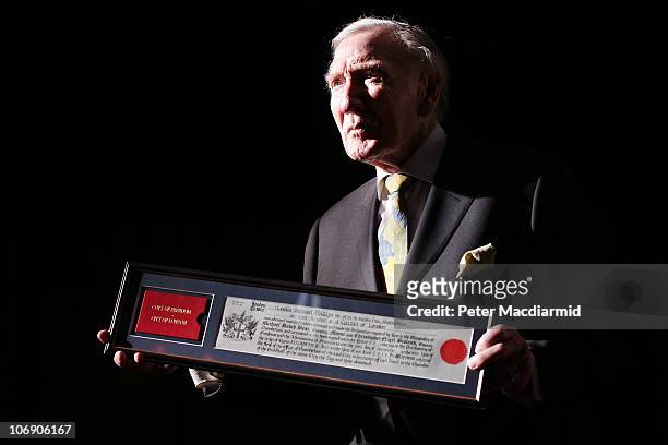 Veteran actor Leslie Phillips receives the Freedom of the City of London at The Guildhall on November 16, 2010 in London, England. Celebrating 60...