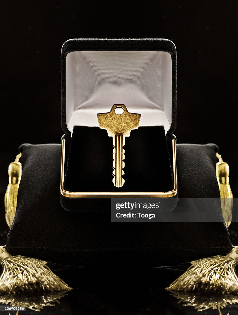 Gold key in black velvet jewel box