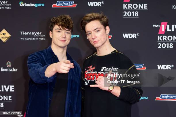 Die Lochis, Roman Lochmann and Heiko Lochmann attend the 1Live Krone radio award at Jahrhunderthalle on December 6, 2018 in Bochum, Germany.