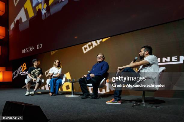 Guilherme Briggs, Paolla Oliveira, Lorenzo di Bonaventura and Erico Borgo attend the Paramount Pictures presentation for Bumblebee at Comic-Con São...