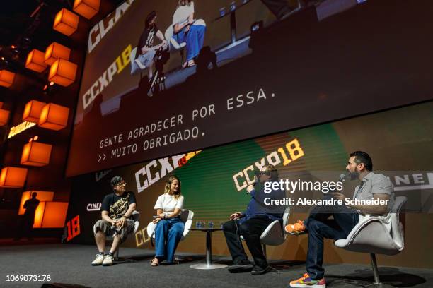 Guilherme Briggs, Paolla Oliveira, Lorenzo di Bonaventura and Erico Borgo attend the Paramount Pictures presentation for Bumblebee at Comic-Con São...