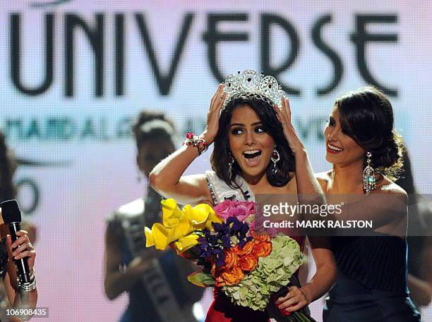 Miss Mexico Jimena Navarrete celebrates with runner-up Miss Jamaica Yendi Phillips as she is crowned Miss Universe 2010 at the Miss Universe 2010...