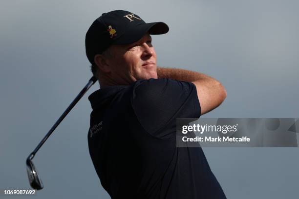 Marcus Fraser of Australia tees off on the 17th hole during day four of the 2018 Australian Golf Open at The Lakes Golf Club on November 18, 2018 in...