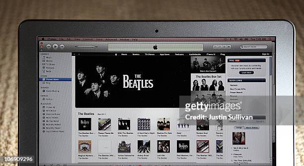 The Beatles catalog is displayed on Apple's iTunes on November 16, 2010 in San Anselmo, California. Apple has struck a deal with the record label EMI...
