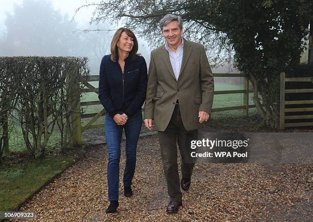 Parents of Kate Middleton, Michael and Carole Middleton, make a statement following the engagement of their daughter to Prince William, outside their...