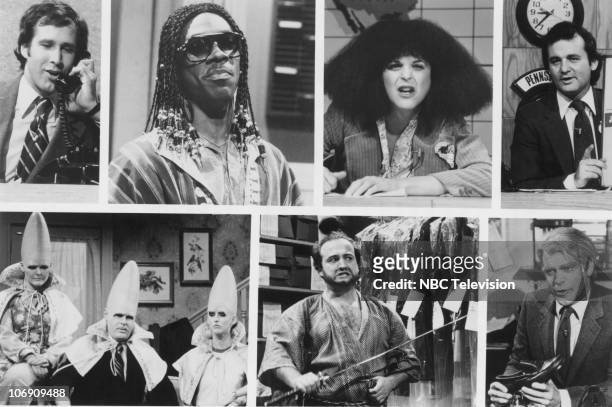 Stills from the television comedy show 'Saturday Night Live', circa 1980. Clockwise from top left, Chevy Chase as a reporter on 'Weekend Update',...