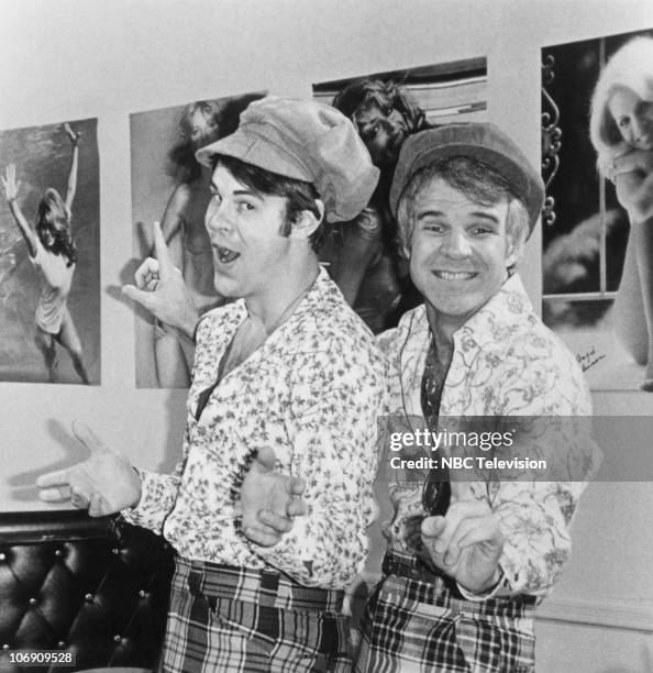 Comedians Dan Aykroyd and Steve Martin posing as the 'two wild and crazy guys', a sketch from the television show 'Saturday Night Live', circa 1978....