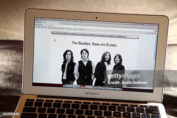 An announcement of The Beatles coming to iTunes appears on the Apple website November 16, 2010 in San Anselmo, California. Apple has struck a deal...