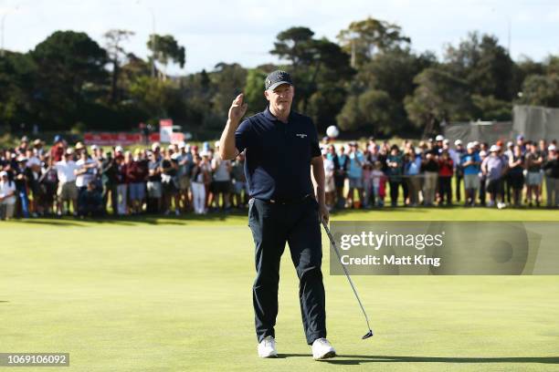 Marcus Fraser of Australia acknowledges the crowd after putting on the 18th hole during day four of the 2018 Australian Golf Open at The Lakes Golf...