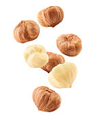 Falling hazelnut peeled, isolated on white background, clipping path, full depth of field