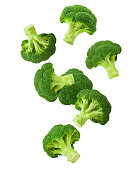 Falling broccoli, isolated on white background, clipping path, full depth of field
