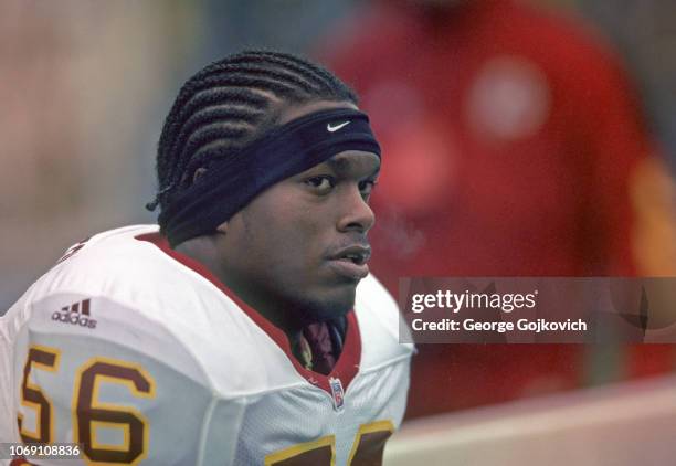 Linebacker Lavar Arrington of the Washington Redskins looks on from the sideline during a game against the Pittsburgh Steelers at Three Rivers...
