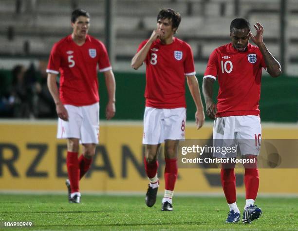 Martin Kelly, Ryan Bertrand of England and Daniel Rose look dejected afte rthe first goal of Germany during the U21 international friendly match...