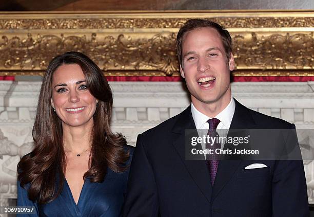 Prince William and Kate Middleton pose for photographs in the State Apartments of St James Palace on November 16, 2010 in London, England. After much...