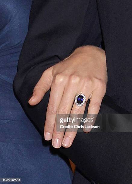 Close up of Kate Middleton's engagment ring as she and Prince William pose for photographs in the State Apartments of St James Palace on November 16,...