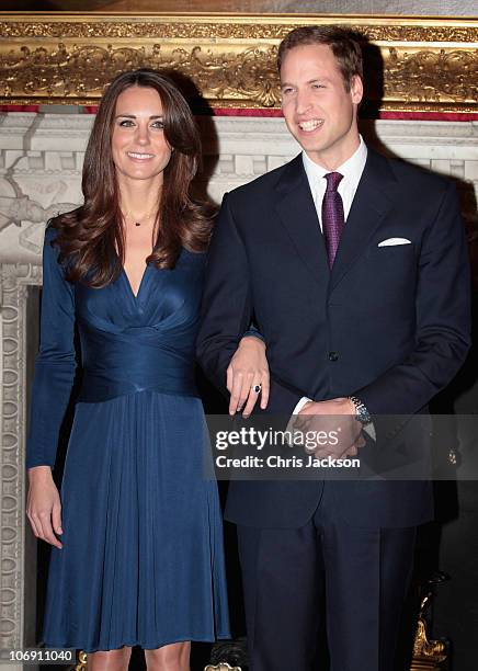 Prince William and Kate Middleton pose for photographs in the State Apartments of St James Palace on November 16, 2010 in London, England. After much...