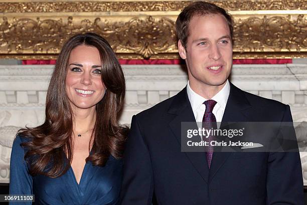 Prince William and Kate Middleton pose for photographs in the State Apartments of St James Palace on November 16, 2010 in London, England. After much...