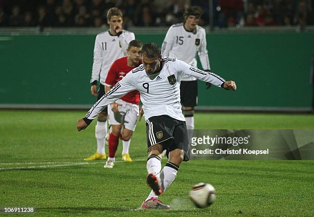 Cenk Torsun of Germany scores the second goal by penalty during the U21 international friendly match between Germany and England at the Brita Arena...