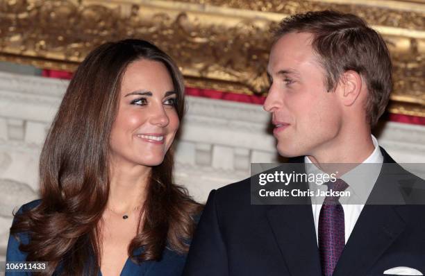 Prince William and Kate Middleton pose for photographs in the State Apartments of St James Palace on November 16, 2010 in London, England. After much...