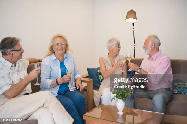 ワインを飲みながら高齢者 - drunk wife at party ストックフォトと画像