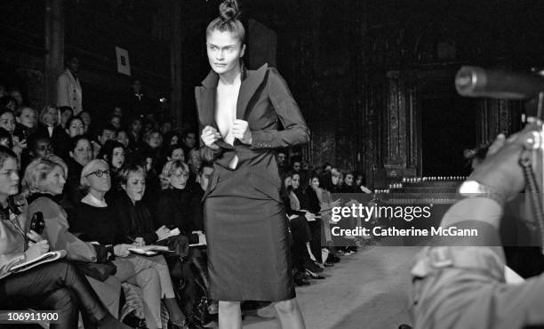 Model Helena Christenen walks the runway at British fashion designer Alexander McQueen's first New York fashion show at a former synagogue on Norfolk...