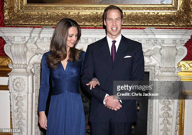 Prince William and Kate Middletonarrive to pose for photographs in the State Apartments of St James Palace on November 16, 2010 in London, England....