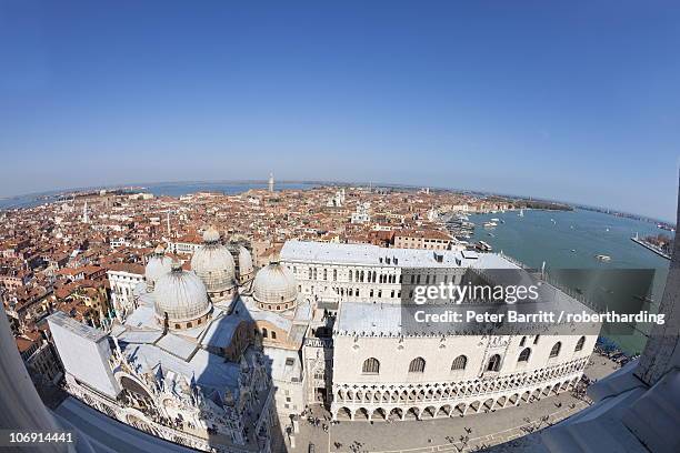 view from top of st. mark's belltower (campanile san marco), of st. mark's basilica, the doges palace, isole san giorgio maggiore, unesco world heritage site, venice, veneto, italy, europe - belfort stock pictures, royalty-free photos & images