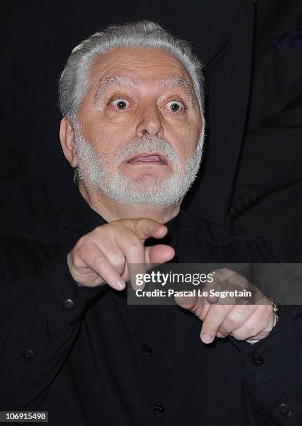 Fashion designer Paco Rabanne gestures after he received the Legion of Honor at Ministere de la Culture on November 16, 2010 in Paris, France.