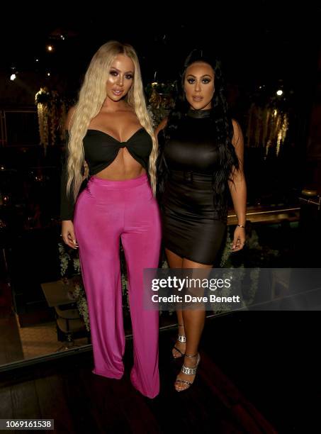 Holly Hagan and Sophie Kasaei attends the Boohoo Celebrity Christmas Night Out at the Menagerie Restaurant and Bar on December 6, 2018 in Manchester,...