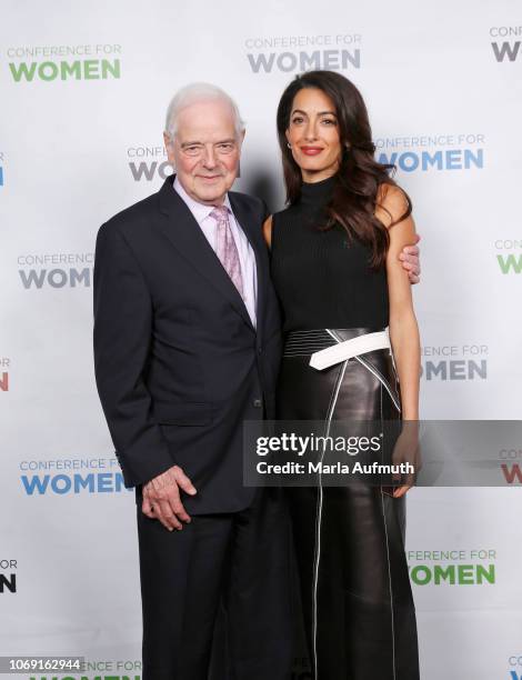 Broadcaster Nick Clooney and Human rights lawyer Amal Clooney pose for a photo together backstage during 2018 Massachusetts Conference For Women at...