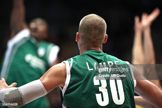 Maciej Lampe of Unics Kazan in action during the Eurocup Basketball Date 1 game between Ewe Baskets Oldenburg and Unics at Ewe Arena on November 16,...