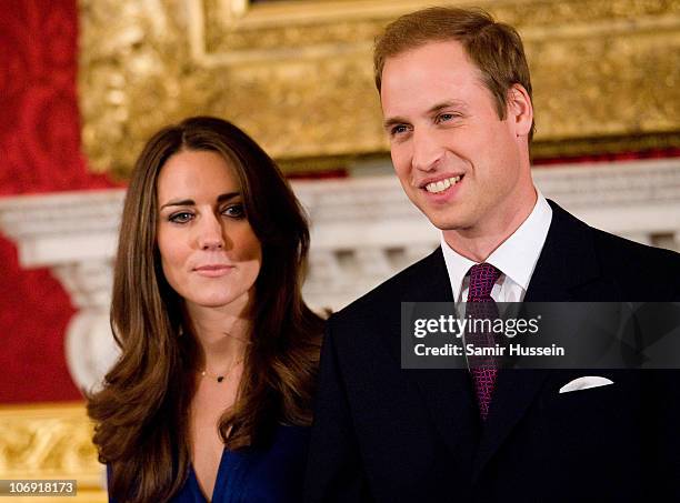 Prince William and Kate Middleton pose for photographs in the State Apartments of St James Palace on November 16, 2010 in London, England. After much...