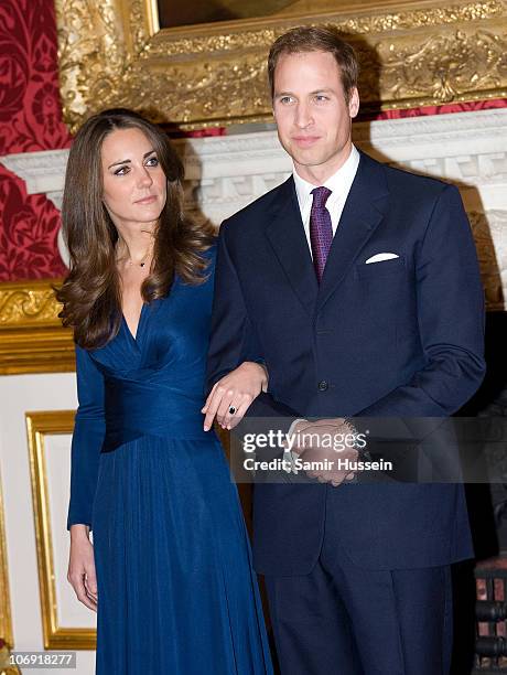 Prince William and Kate Middleton pose for photographs in the State Apartments of St James Palace on November 16, 2010 in London, England. After much...