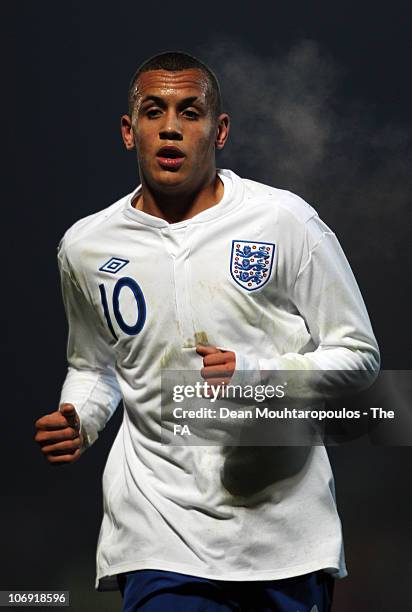 Ravel Morrison of England in action during the International friendly match between England U18 and Poland U18 at Adams Park on November 16, 2010 in...