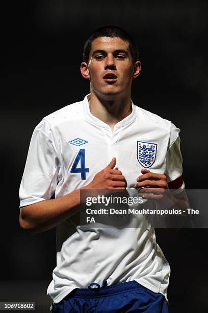 Conor Coady of England in action during the International friendly match between England U18 and Poland U18 at Adams Park on November 16, 2010 in...