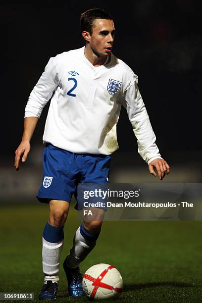 Jackson Ramm of England in action during the International friendly match between England U18 and Poland U18 at Adams Park on November 16, 2010 in...