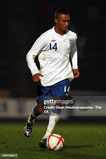 Jordan Obita of England in action during the International friendly match between England U18 and Poland U18 at Adams Park on November 16, 2010 in...