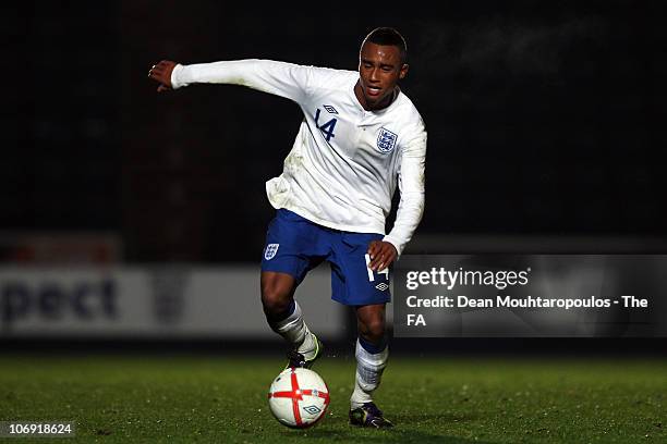 Jordan Obita of England in action during the International friendly match between England U18 and Poland U18 at Adams Park on November 16, 2010 in...