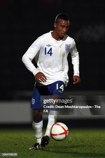 Jordan Obita of England in action during the International friendly match between England U18 and Poland U18 at Adams Park on November 16, 2010 in...