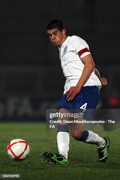 Conor Coady of England in action during the International friendly match between England U18 and Poland U18 at Adams Park on November 16, 2010 in...