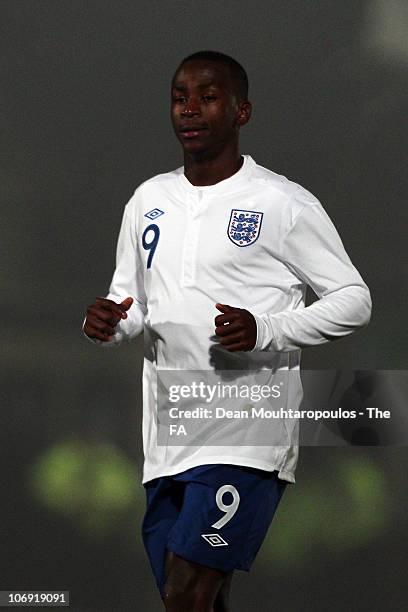 Saido Berahino of England in action during the International friendly match between England U18 and Poland U18 at Adams Park on November 16, 2010 in...