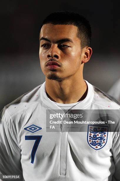 Nico Yennaris of England lines up prior to the International friendly match between England U18 and Poland U18 at Adams Park on November 16, 2010 in...