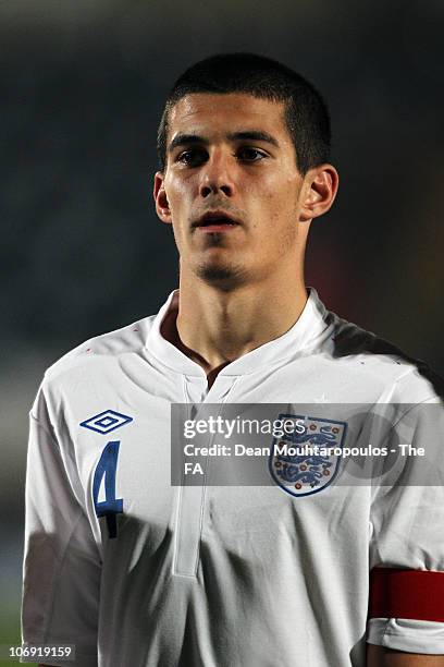 Conor Coady of England lines up prior to the International friendly match between England U18 and Poland U18 at Adams Park on November 16, 2010 in...