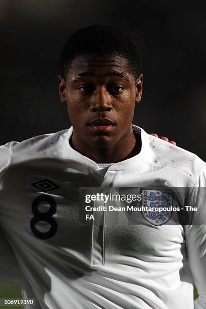 Chuks Aneke of England lines up prior to the International friendly match between England U18 and Poland U18 at Adams Park on November 16, 2010 in...