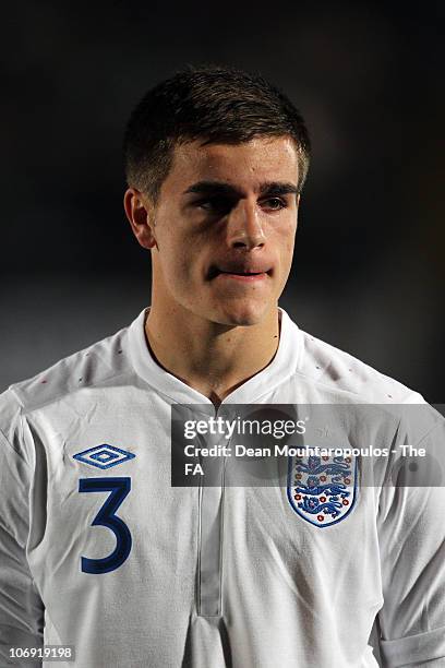 Luke Garbutt of England lines up prior to the International friendly match between England U18 and Poland U18 at Adams Park on November 16, 2010 in...