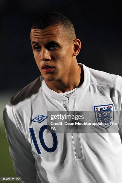 Ravel Morrison of England lines up prior to the International friendly match between England U18 and Poland U18 at Adams Park on November 16, 2010 in...